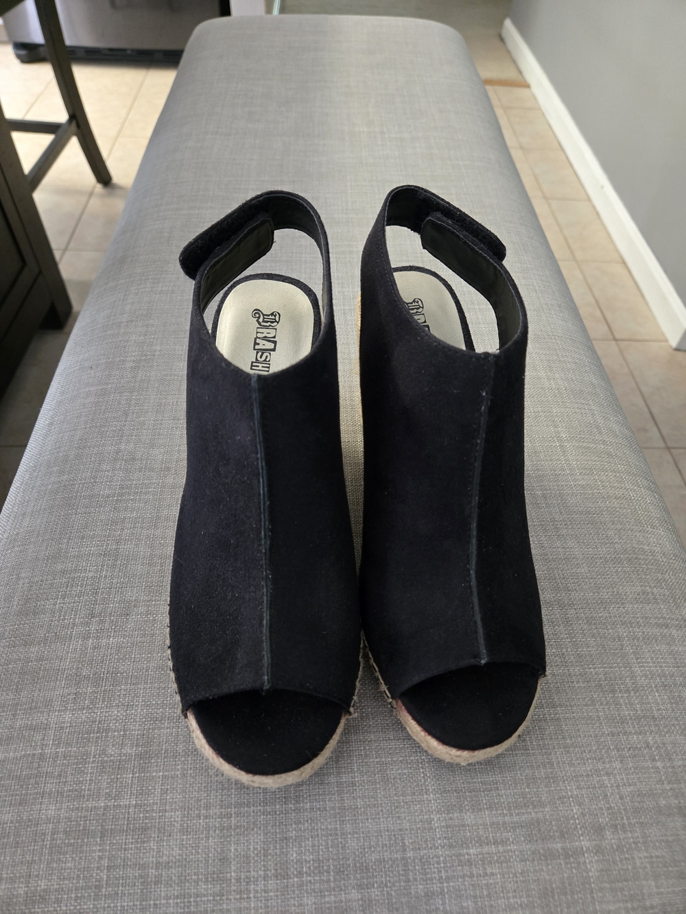 Brash Black Suede Peep-Toe Slingback Wedge Sandals